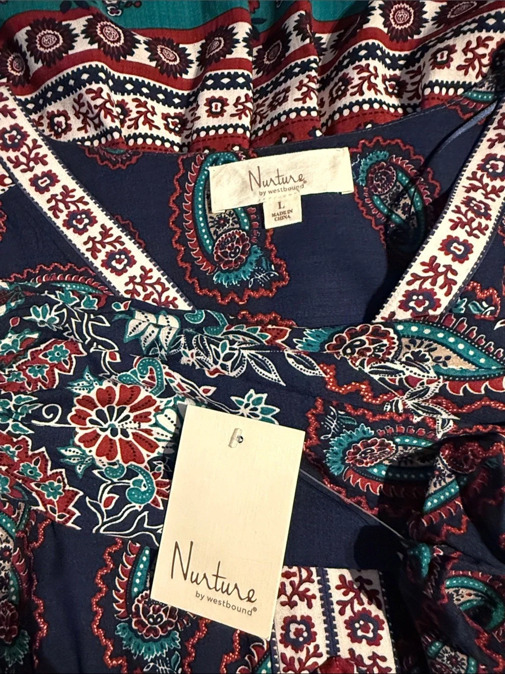 Bohemian Navy Paisley Maxi Dress with Teal and Burgundy Accents - Picture 3 of 3